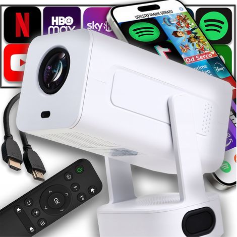 tragbarer, weißer Projektor mit Android-TV-Funktion, WLAN, Bluetooth und Full HD-Auflösung