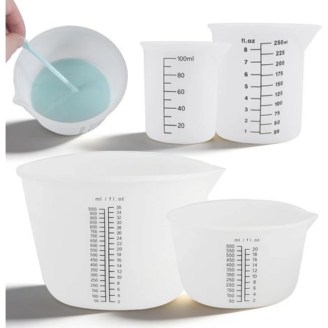 Juego de 4 vasos medidores de silicona - 1000/600/250/100 ml - Vasos grandes de silicona para verter - Reutilizables - Para polvo de moldeo - Bricolaje - Laboratorio (1/5)
