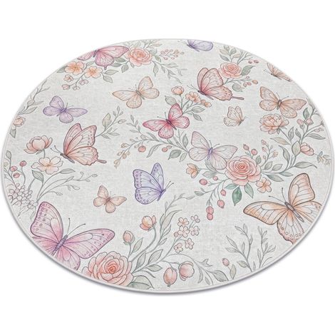 BAMBINO 61450 circle washing carpet Butterflies for children anti-slip - cream / pink beige round 80 cm (1/5)