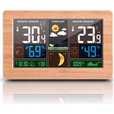 Station Météo Thermomètre Hygromètre Baromètre Intérieur Extérieur avec Capteur LED Ecran, Rétro-éclairage Horloge Numérique Affichage Heure Date Jour Phase de Lune (Jaune) (1/4)