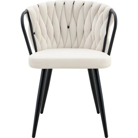 Sedia da pranzo in velluto beige con schienale intrecciato e gambe in metallo nero opaco (1/5)