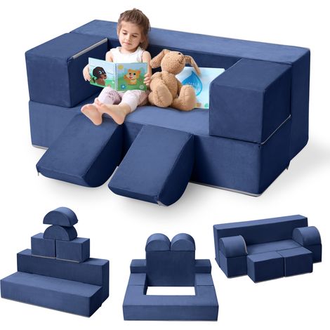 Canapé modulable pour enfants 6 pièces – Sofa en mousse doux, sécurisé, convertible – Coussins amovibles – Idéal pour lecture, jeu créatif, fauteuil enfant – Bleu foncé, 100x40cm (1/5)