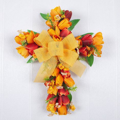 Guirlande Croix de Pâques - Décor Floral Artificiel pour Porte d'Entrée Mur ou Autel - Guirlande de Tulipes avec Ruban - 33 x 43 cm - 1 Pièce (1/3)