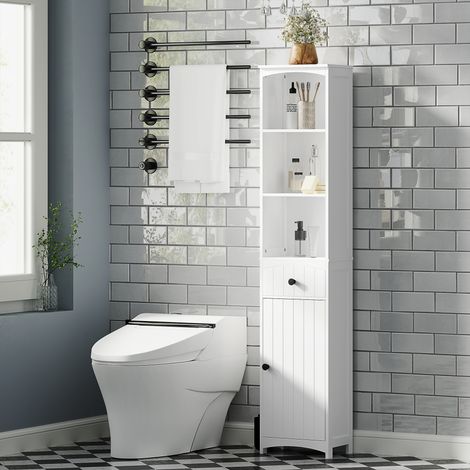 Mueble de baño con 3 estantes, 1 cajón, resistente, de MDF, blanco.