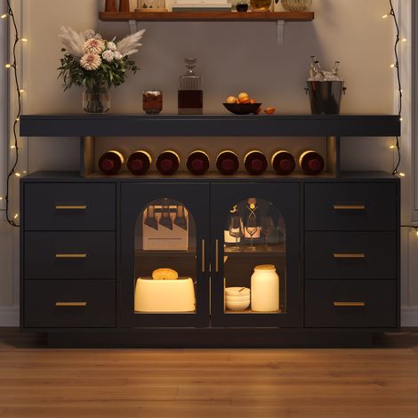 Buffet bar cafe 6 tiroirs noir 140 cm meuble bar a vin avec led et 2 portes vitrees (1/5)