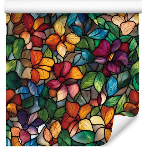 Papel pintado con flores de vidriera en verde botella, dorado y naranja, 50x1000 cm. (1/5)