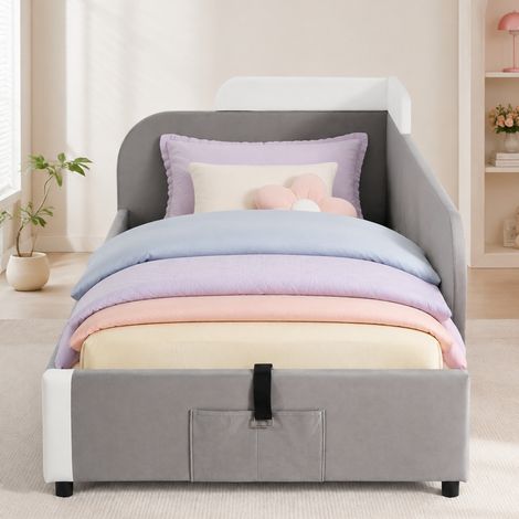 Letto imbottito per bambini 90x200 cm, con spazio contenitore idraulico, tasca sul fondo, velluto grigio (1/5)