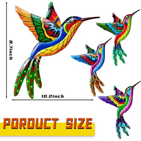 BEBUSINGOTO Décoration murale extérieure en métal, sculpture d'oiseaux de jardin colorés 3D, décorations murales d'oiseaux en métal faites à la main pour clôture, patio, balcon, salon, colibri