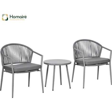 HOMAIRE Sitzgruppe 2 Gartensessel Couchtisch Balkonmöbel-Set Stahlrahmen Grau ideal für Garten & Terrasse