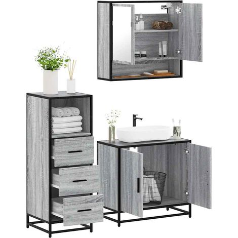 3-tlg. Badmöbel-Set Grau Sonoma Holzwerkstoff