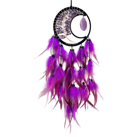 Magnifique attrape-rêves à pompons de plumes et pendentif en cristal, ornement suspendu pour une décoration apaisante à la maison ou dans la voiture (violet). (1/4)