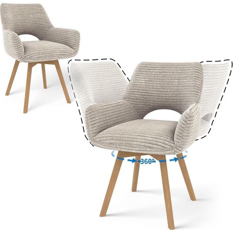 2er Set Drehstuhl mit Armlehnen, Cord, Holzbeine, Taupe (1/5)
