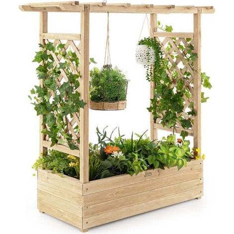 Jardinière avec treillis latéral et toit suspendu en bois de sapin pré-huilé 110 x 44 x 113,5 cm, bac à fleurs avec trou de drainage - naturel (1/5)