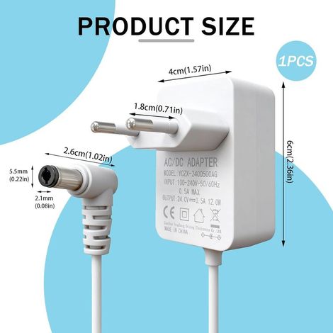 24V 0,5A Ladegerät-Adapter für ätherische Öldiffusoren, 5V DC Ladegerät, Ladegerät für Babyphone-Kameras, 1,4 m 5,5 mm x 2,1 mm DC-Stromkabel, geeignet für verschiedene Ladegeräte (1/5)