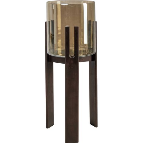 Photophore haut en verre fumé et bois - noyer et verre fumé ambré (1/4)