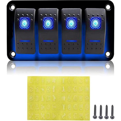 Panneau de 4 interrupteurs à bascule 12 V pour voiture, bateau, camping-car, caravane, bleu (1/5)