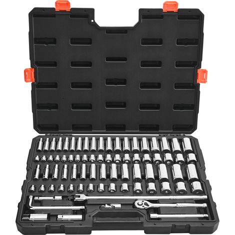 VEVOR Juego de Vasos de 9,5 mm, SAE y Metricos, con Carraca Profunda y Poco Profunda, con Accesorios y Estuche, Acero de Aleación CR-V, para Reparación de Automóviles, 535 x 410 x 89 mm, 76 uds