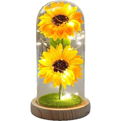 Bouquet De Tournesols Préservés Sous Dôme En Verre - Décoration Intérieure - Lumière LED Intégrée - Cadeau Pour Femme Maman Copine (1/5)
