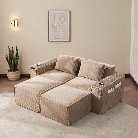 Sofa modulaire 2 places en velours côtelé beige avec ottomans (1/5)