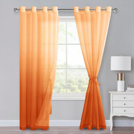 Lot de 2 rideaux en voile avec œillets, rideaux dégradés transparents ombrés pour chambre à coucher et salon, rideaux à anneaux avec embrasses H225 x B140 cm Orange (1/5)