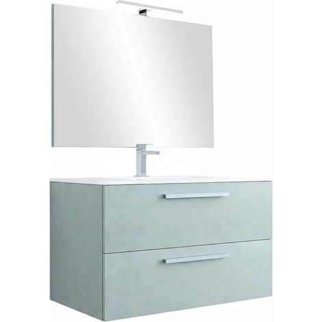 Mobile Mobiletto Bagno Sospeso Con 2 Cassettoni Soft Close Con Lavandino Lavabo In Ceramica Specchio E Led Da 30 Cm Design Moderno Nordico 57 x 80 x 45 Cm Colore Cemento Laccato - Set: Mobile Lavabo S