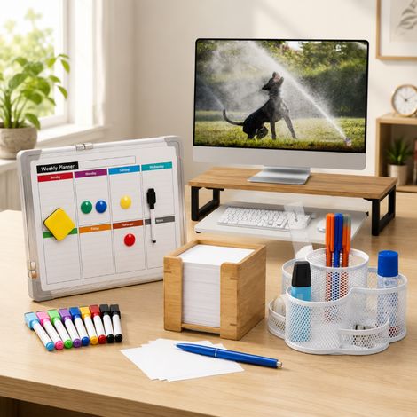 Conjunto de mobiliario de oficina industrial (5 piezas): soporte para monitor, pizarra blanca y bandeja para teclado (1/5)