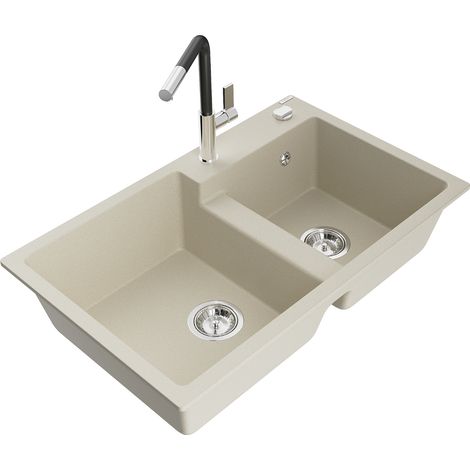 Mexen Tomas 2-Becken-Granitspüle mit Mischbatterie Flora, Beige - 6516-69-670401-07 (1/5)