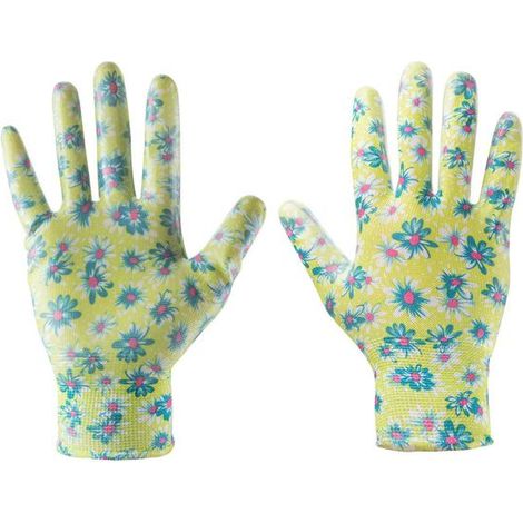 Guantes de jardinería recubiertos de nitrilo, con estampado floral, talla 7". (1/2)