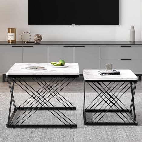 DESMIU Table basse carrée lot de 2 avec pieds réglables, finition marbre brillant, pour salon, en MDF, noir blanc (1/5)