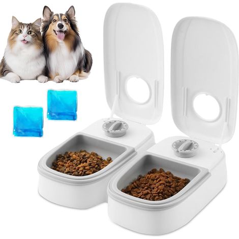 Dispensador automático de comida para mascotas con 2 raciones y temporizador de 48 horas: comedero programable para gatos y perros, con dos recipientes para comida seca y húmeda, y temporizador. (1/5)