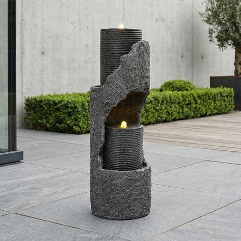Fontaines de jardin avec éclairage LED, pompe à eau, revêtement extérieur en pierre artificielle et bassins ornementaux, fontaine de chambre, jeu d'eau pour jardin et terrasse, gris