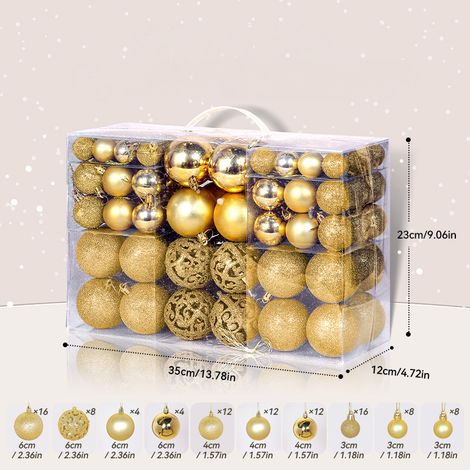 Goldene Weihnachtskugeln – 100 Kunststoff-Weihnachtskugeln – Weihnachtsdekoration – für drinnen und draußen – matte, glänzende, glitzernde und offene Designs – Ø 6/7 cm