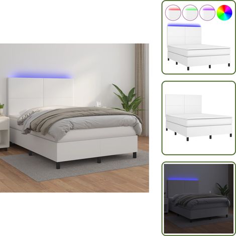 Boxspringbett mit Matratze & LED Weiß 140x200 cm Kunstleder - Boxspringbett - Doppelbett - Bettenrahmen - Lederbettwäsche - Luxusbett (1/5)