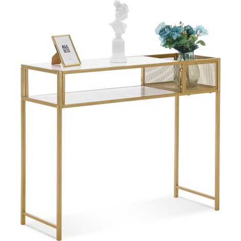 M MCombo Konsolentisch Schmal Marmor Gold, Modern Beistelltisch mit 2 Ablage & Metallgestell, Eingangstisch für Flur Wohnzimmer Schlafzimmer, 110×40×90cm, 2276 (1/5)
