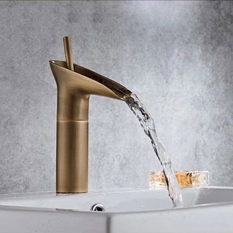 Lavabo de estilo europeo totalmente de cobre con grifo en forma de copa de vino, grifo de cascada antiguo para el baño. (1/3)