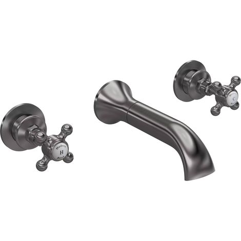 Hudson Reed Topaz Hexagonal Crosshead 3-Hole Bath Filler Tap Wall Mounted - Brushed Pewter (1/2)