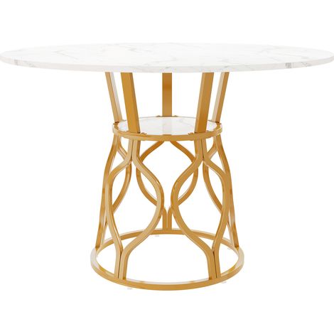 Mesa de comedor redonda 100 x 100 x 75 cm con estante, MDF efecto mármol y metal dorado (1/5)