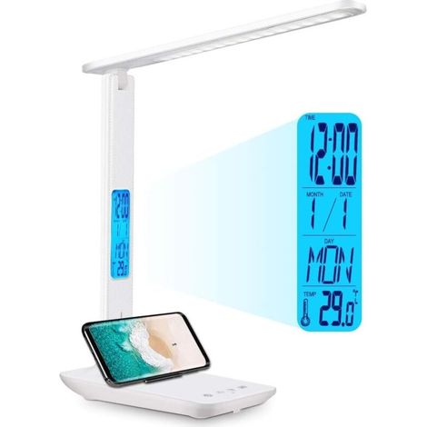 Lampe de bureau LED, lampe d'étude rechargeable pliante, alarme, calendrier, température, horloge lampe de bureau 3 modes 5 niveaux de luminosité lampe de bureau étudiant à contrôle variable (1/5)