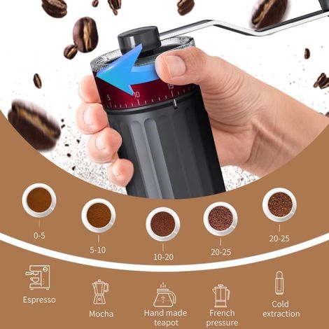 Moulin à café manuel portable à meules coniques pour expresso, cafetière à piston et méthode douce, double roulement, meules en céramique réglables de l'extérieur, capacité 25 g (1/3)