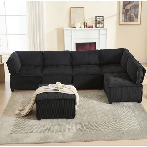 Divano modulare 6 posti 308x154x81.99 cm, convertibile in letto, tasche laterali, velluto a coste nero (1/5)