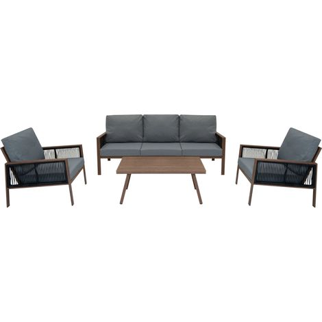 Set da Giardino 4 Pezzi in Alluminio Effetto Legno con Divano 3 Posti, 2 Poltrone, Tavolino, Cuscini Imbottiti Sfoderabili, Copertura Antipioggia Inclusa, Resistente agli Agenti Atmosferici