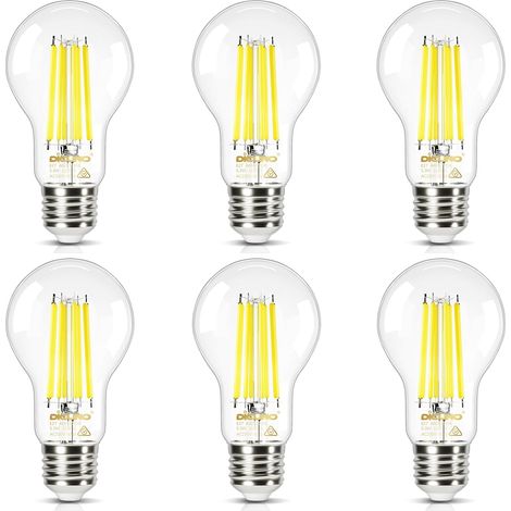 Ampoule LED E27 Ultra Efficient Classe A, 5.3W=75W, 2700K, Lot de 6 Blanc chaud, 1120lm, Verre Clair, Ampoule E27 filament vintage Edison, LED basse consommation, Angle 360°, Non-dimmable (1/5)