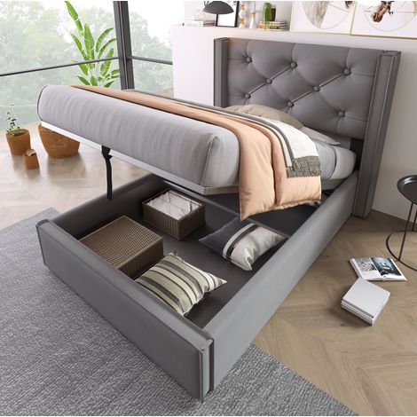 Cama con espacio de almacenamiento de algodón gris 90x200 cm, somier de láminas incluido y arcón elevable (1/5)