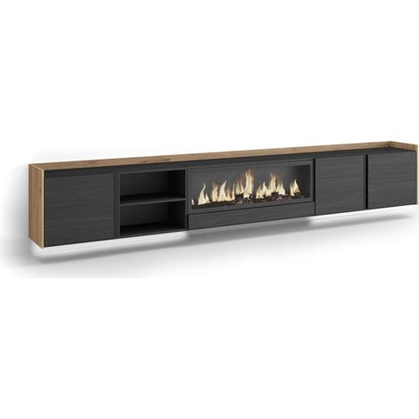 Mueble TV Atajate-02 de 315x50x35 cm con chimenea eléctrica y luces LED, suspendido, color negro y roble (1/4)