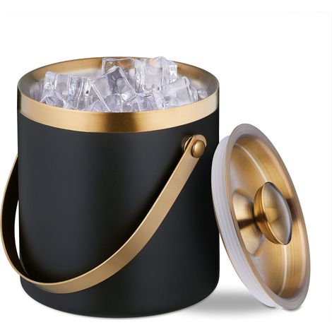 Relaxdays Eiswürfelbehälter, Edelstahl, doppelwandig, Eiseimer mit Deckel & Henkel, 1,5 l, Eiswürfelkübel, schwarz/gold