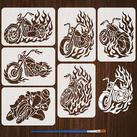 6Pcs Pochoir de Peinture de Flamme de Moto Avec Pinceau Pochoir de Course de Moto en Plastique de 29.7x21cm Modèle de Dessin Modèle de Peinture Artisanale pour Mur Tissu Décor Intérieur (1/5)