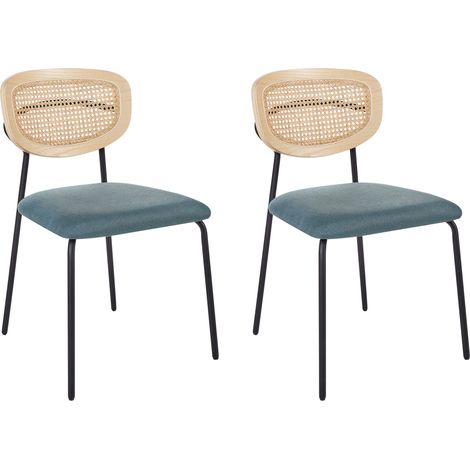 Conjunto de 2 sillas de comedor modernas trenza vienesa respaldo de ratán asiento de poliéster patas negras sin reposabrazos azul Mayetta
