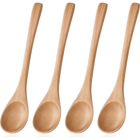 Lot de 4 petites cuillères en bois à long manche - Cuillères à soupe - Ustensiles de cuisine - Cuillère à mélanger - Cuillère en bois - Pour la maison, la cuisine, le restaurant (Hemu) (1/5)
