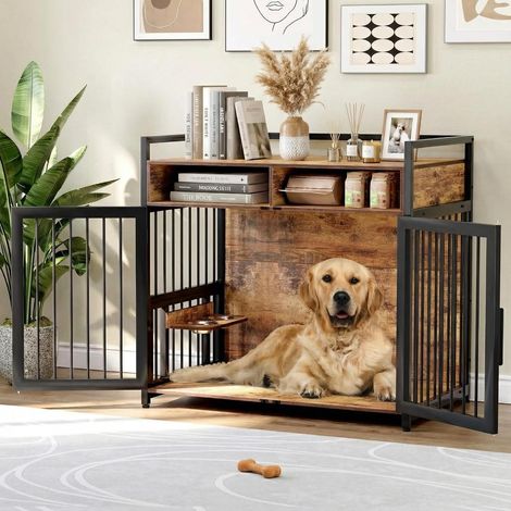 Grande cage pour chien avec tiroir de rangement, 122 x 76 x 110 cm (L x l x H) – Niche verrouillable pour chien avec mangeoire rotative à 360°, niche en bois d'intérieur en métal robuste pour 1 grande (1/5)