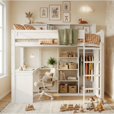 Hochbett 90x200 cm mit Schreibtisch, Schrank und Stauraum, weiß OKMYHOME (1/5)